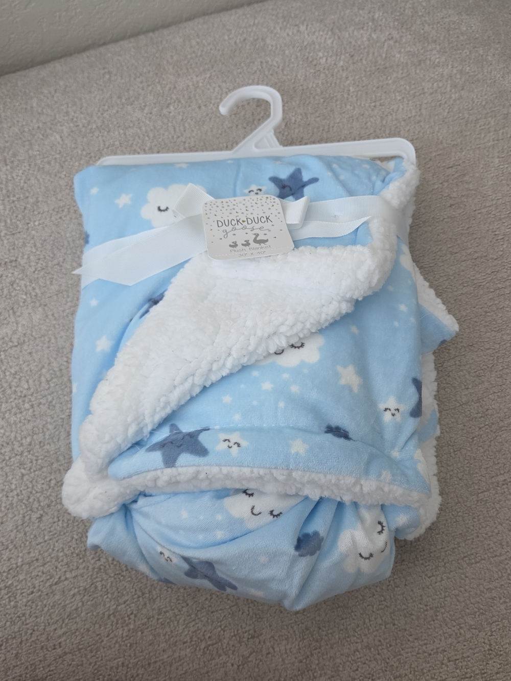 Duck Duck Goose Cozy Baby Sherpa Blanket - Light Blue Cloud & Stars